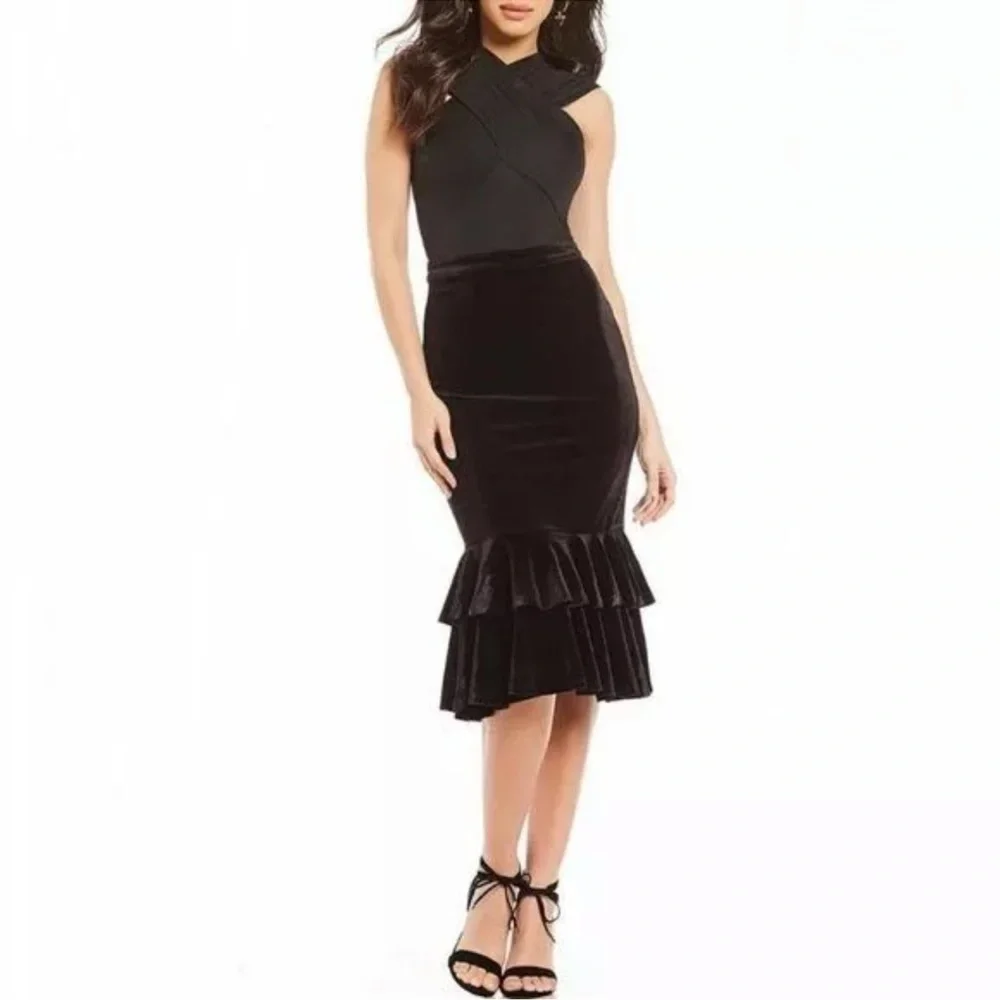 Gianni Bini Layla Skirt Midi Black Velvet Ruffle Hem Tiered Size Large - Picture 1 of 9